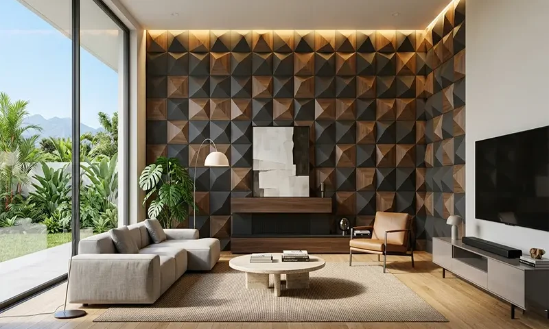 3D Geometric Wall Paneling Ideas for Contemporary Living Room Feature Walls