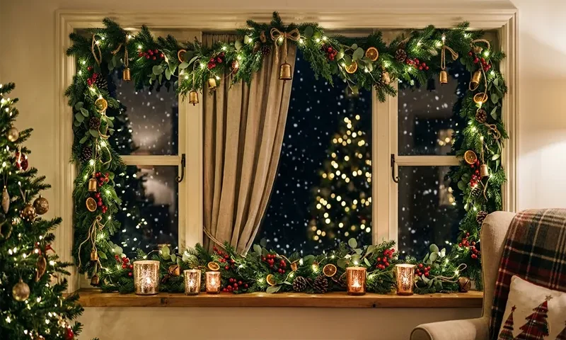Creative Christmas Window Frame Decor Ideas with Greenery and Lights