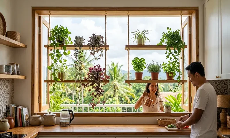 Hanging Indoor Plant Shelf Ideas for Kitchen Window Frames