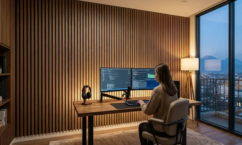 Vertical Slatted Wood Acoustic Wall Panels for Home Office Soundproofing